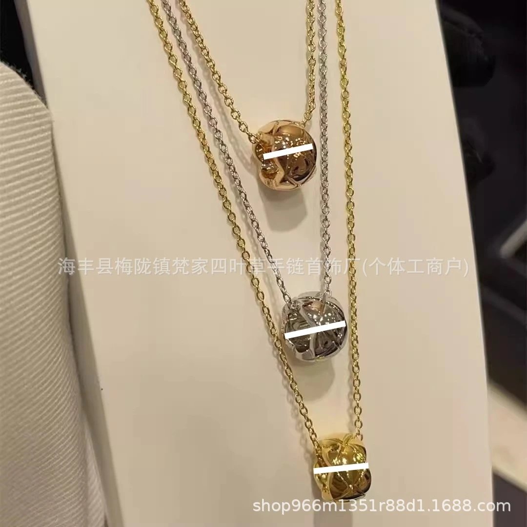 Premium Small Gold Bean Necklace for Women Light Luxury Chanel-style Plated 18K Rose Gold New Chanel Quilted Pattern Collarbone Necklace