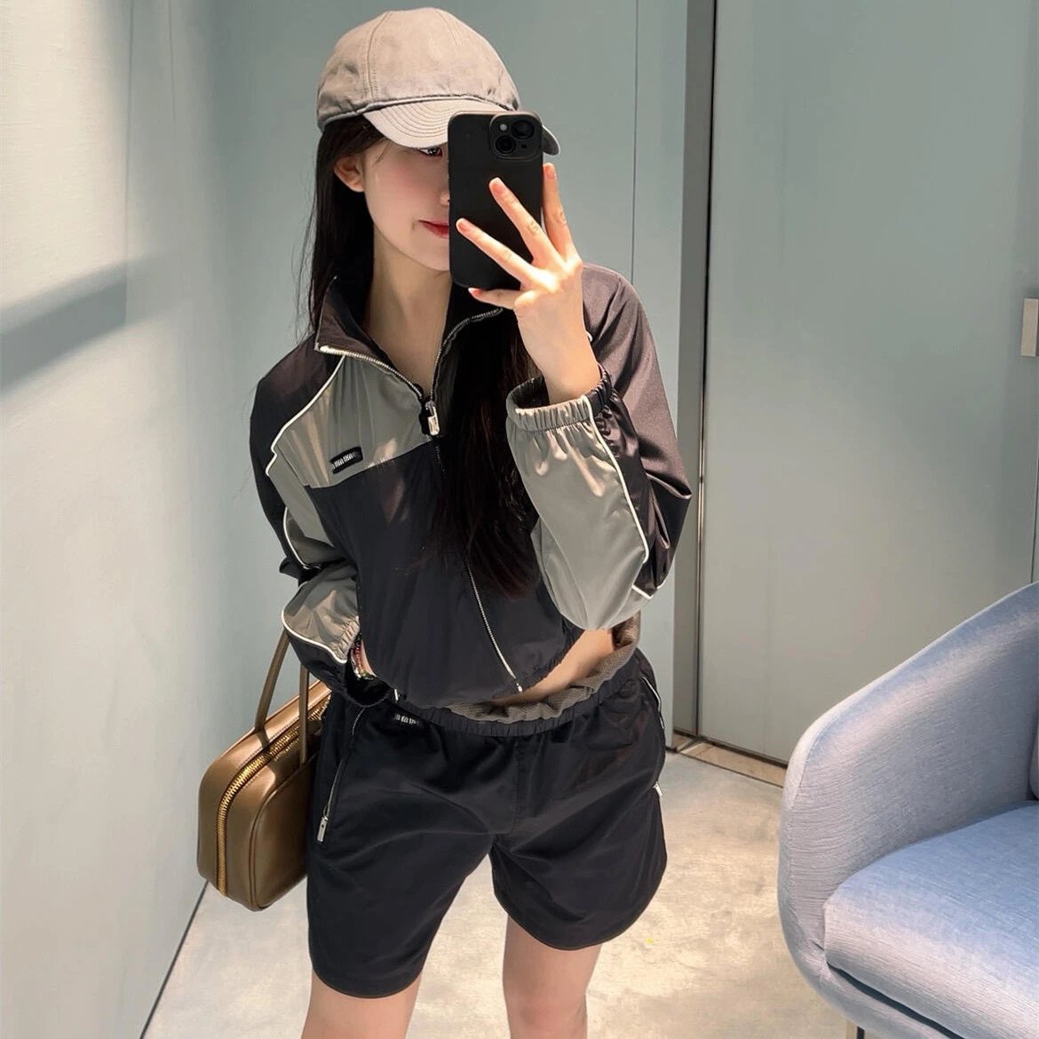 2025 Summer New Miu Miu Runway Retro Campus Short Windbreaker Shorts Suit