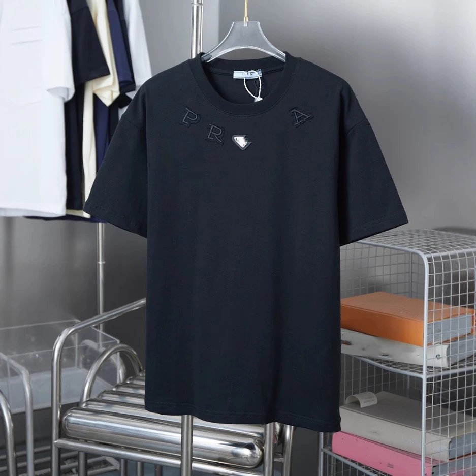 Prada Embroidery LOGO Round Neck Short Sleeve T-shirt Unisex Top