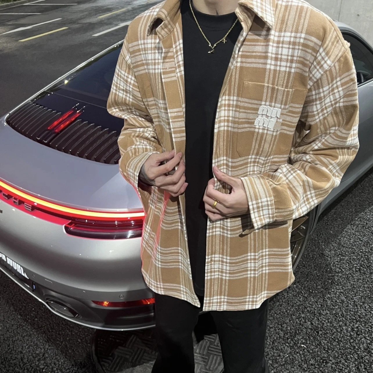 2025 New Miu Miu Academy Embroidery Logo Unisex Brushed Plaid Shirt Jacket