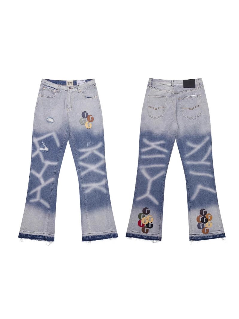 Gallery Dept New Patch Leather Label Leather Patch Ripple Washed Blue Destroyed Patch Flared Jeans