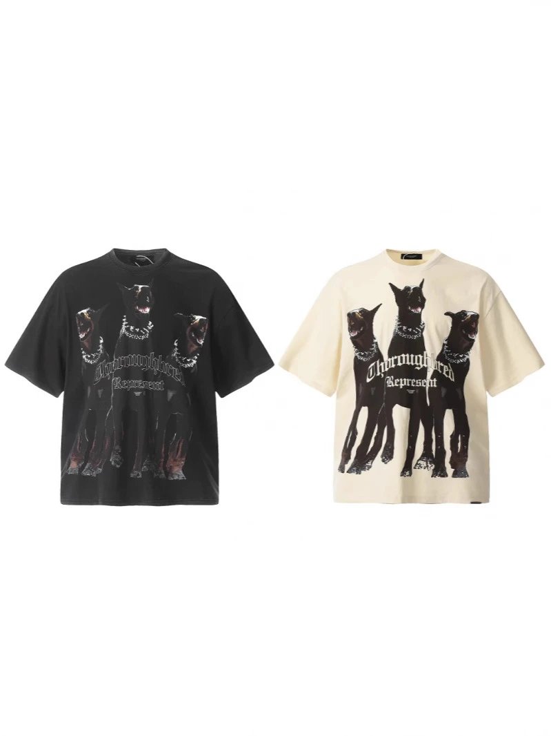 BIGTHING Doberman REPRESENT Print Wash Vintage American Retro Loose Short Sleeve
