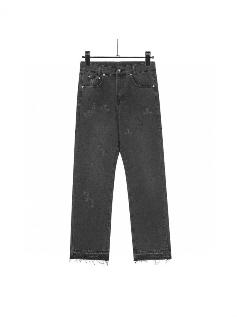 Chrome Hearts Cross Leather Label Washed Denim Jeans Unisex Loose Straight Pants