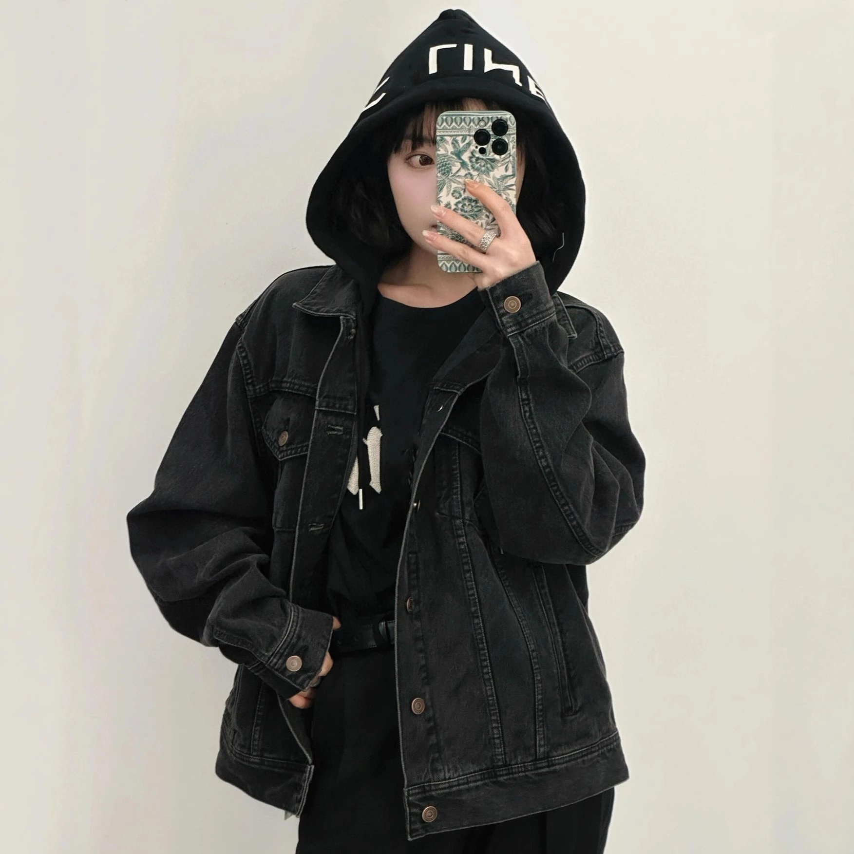 CELINE Internet Famous Letter Print Hooded Spliced Denim Jacket Unisex