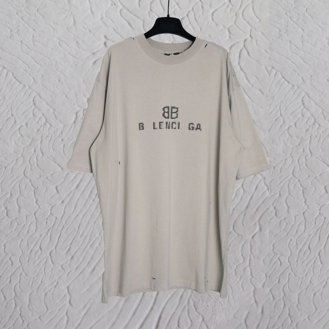 New Balenciaga Mosaic Letter Print Viral Unisex Small Neckline Short Sleeve T-shirt