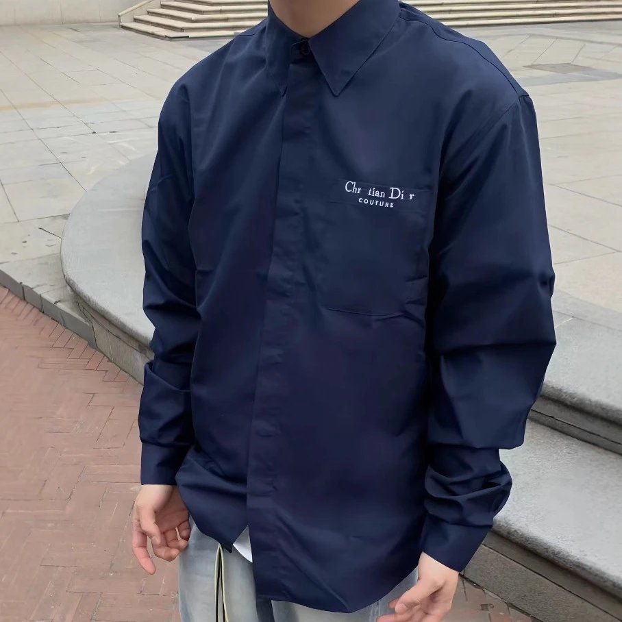 25 new style Dior simple versatile style pocket letter Logo slogan embroidery long sleeve shirt