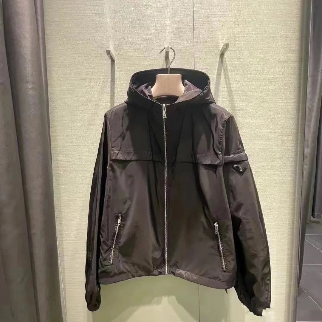 2025 New Prada Logo Recycled Nylon Hooded Windbreaker Jacket Unisex