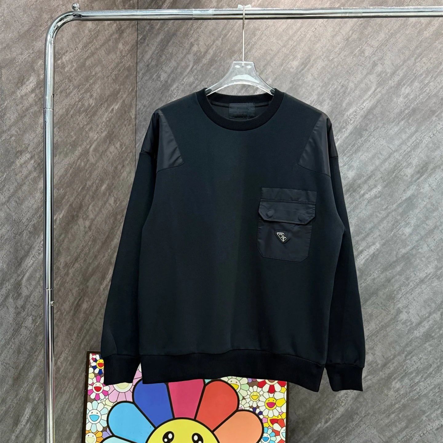 2025 new style Prada spliced pocket crewneck terry sweatshirt men's and women's