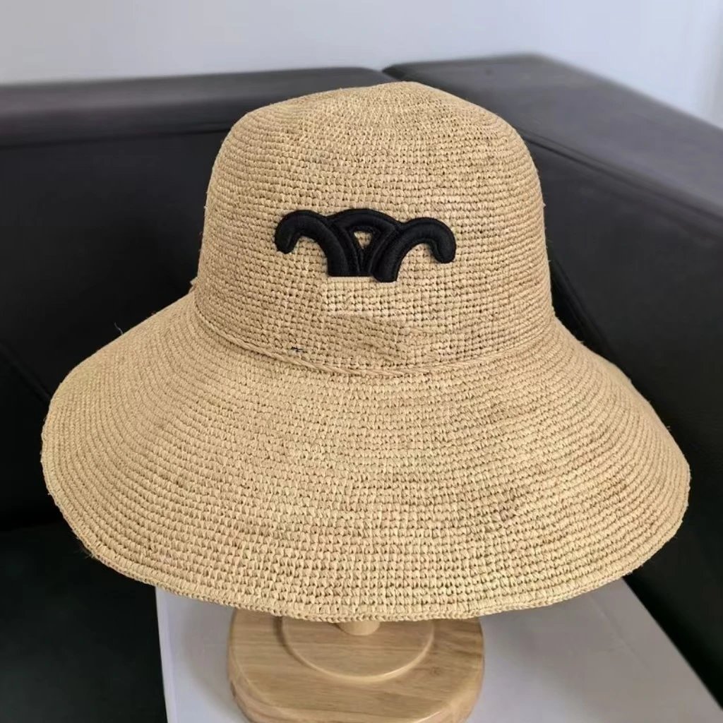 CELINE Hand Crocheted Raffia Sun Hat Summer Wide Brim Face Coverage Beach Sun Protection Straw Hat Women