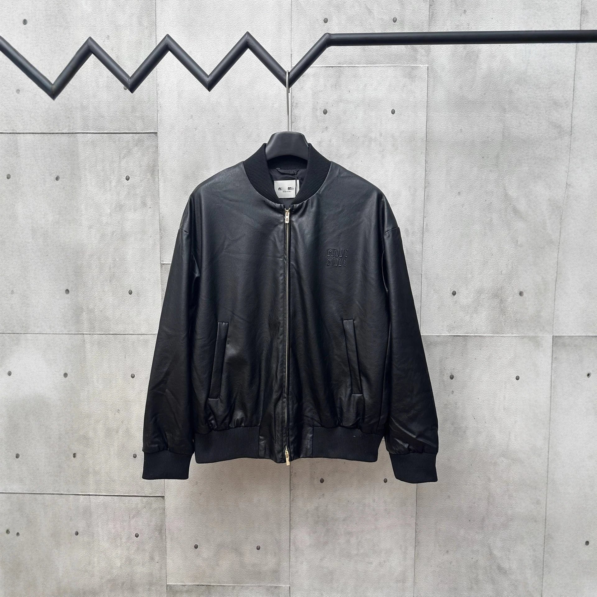 Miu Miu Logo Letter Embroidery Solid Color Leather Jacket Unisex