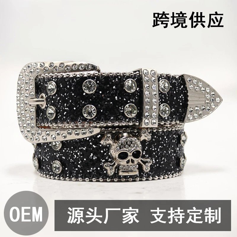 Bling Rhinestone Studded Belts with Sparkle Crystal Metal Skull Head Waist Band Jeans Cowgirl Western Belt for Women