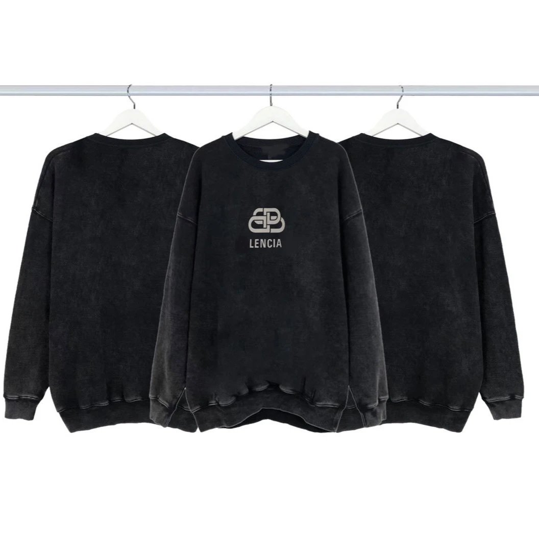 Balenciaga Lock Wash Distressed Round Neck Hoodie Pullover Loose Casual Unisex Couple Style Long Sleeve