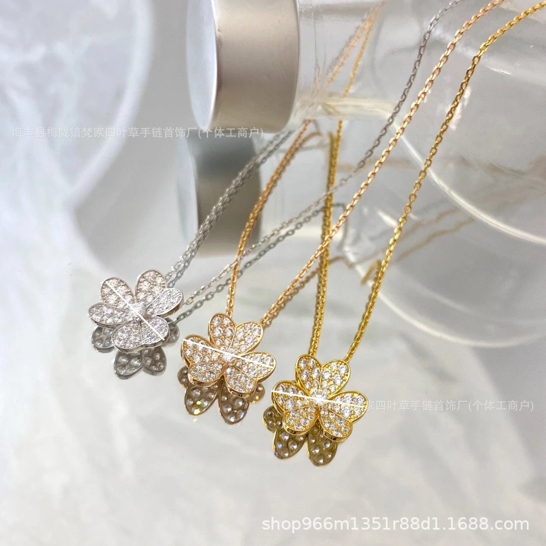 Van Gogh 18K Rose Gold Plated Petal Full Diamond Clover Necklace, Single Diamond Lucky Grass Earrings Chrome Chain Pendant INS