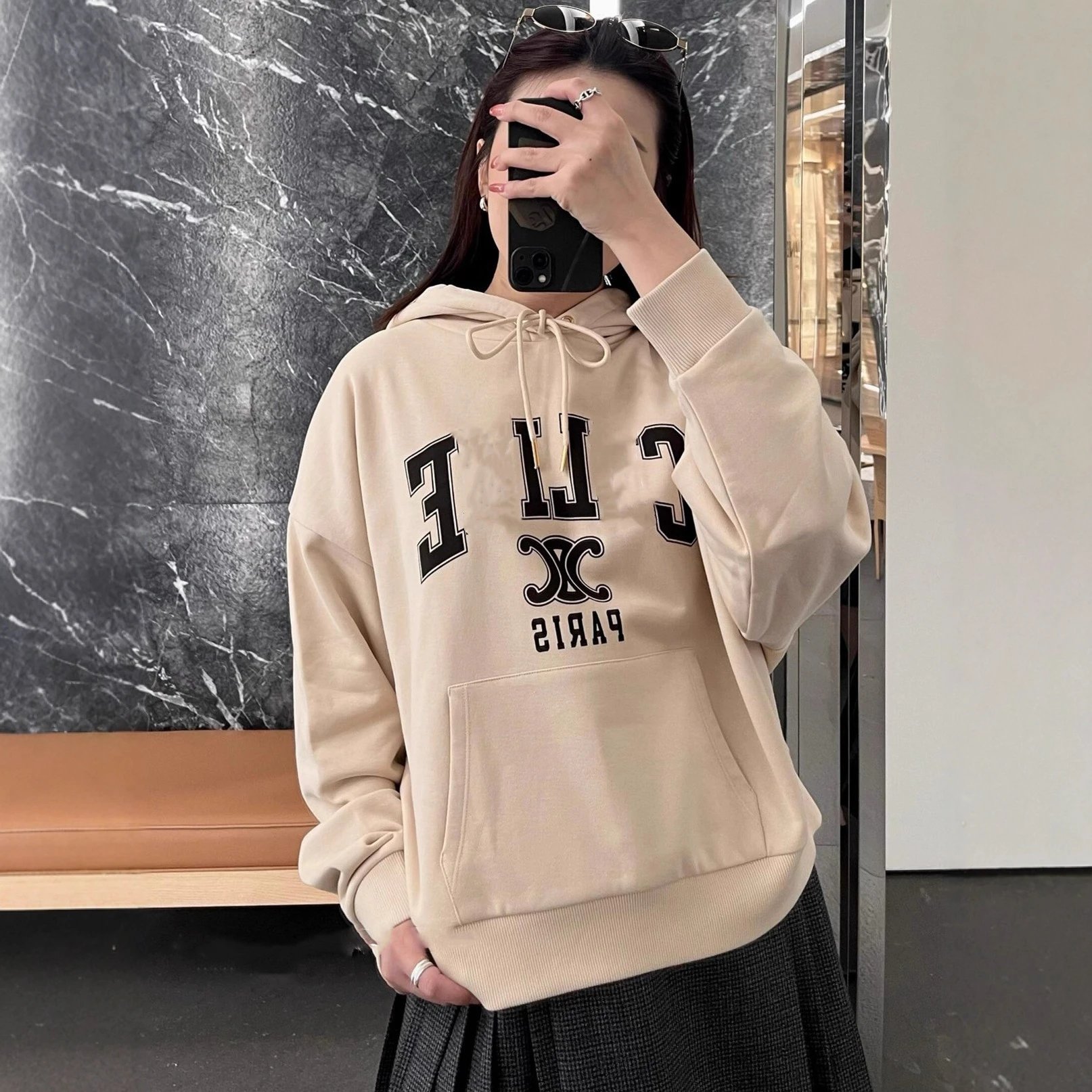CELINE women's flocked letter Chanel emblem hooded terry sweatshirt hoodie