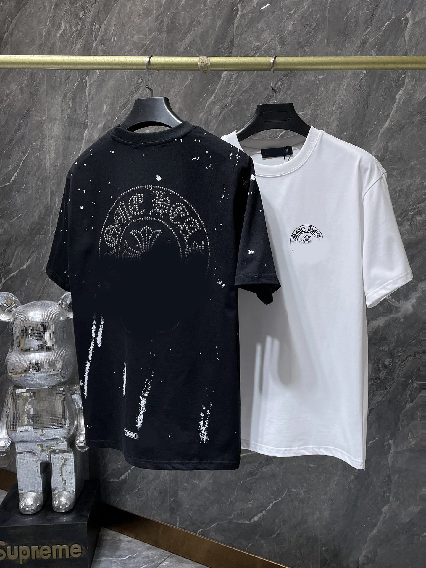 2025 Chrome Hearts Graffiti Splatter Hot Fix Rhinestone Horseshoe Short Sleeve T-shirt Unisex Couples Loose Tee