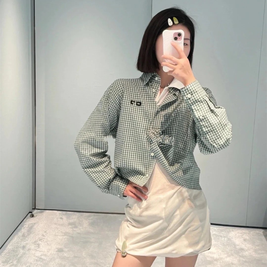 New style Miu Miu academy style letter emblem patch plaid shirt black shirt