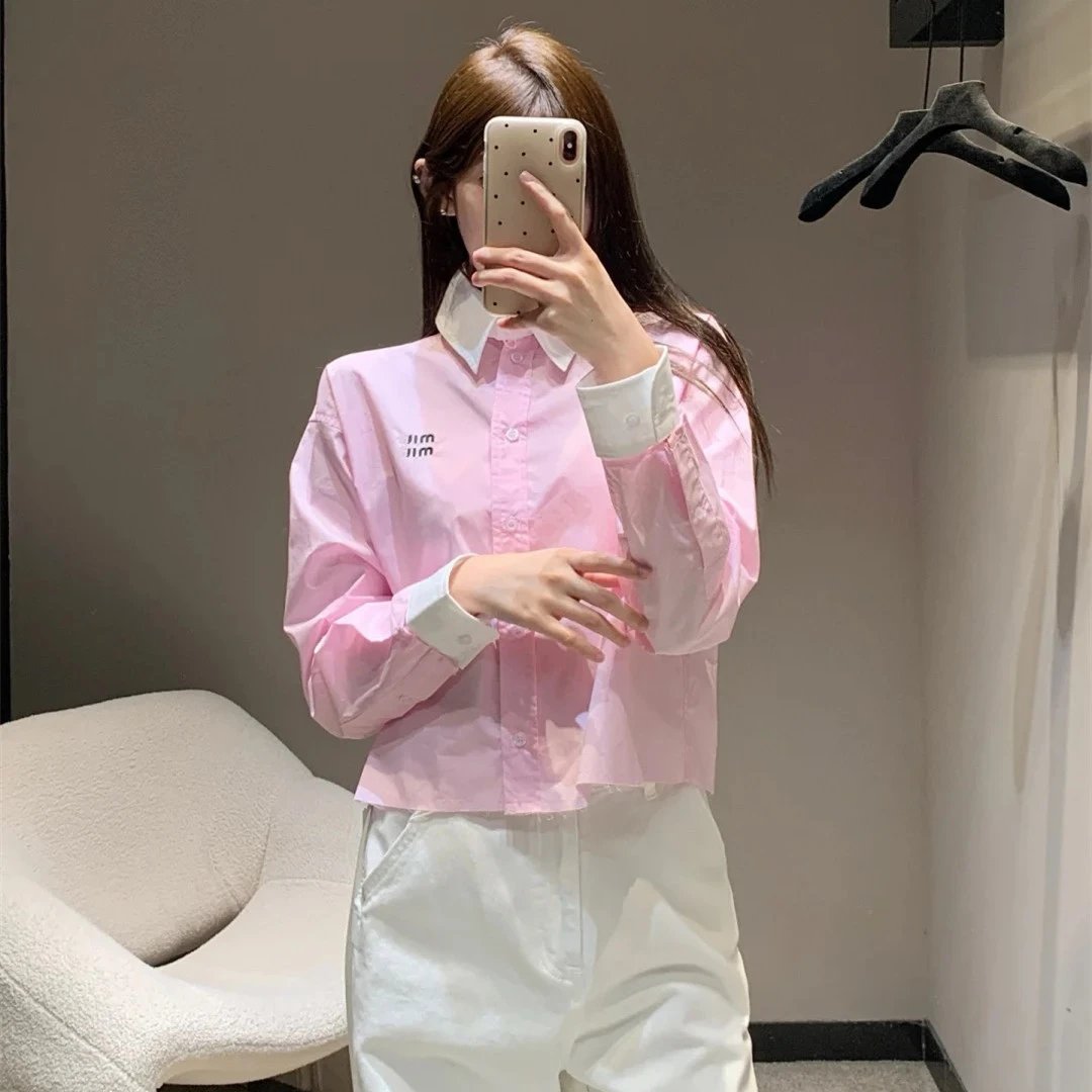 Miu Miu letter embroidery color block collar shirt cardigan women's shirt