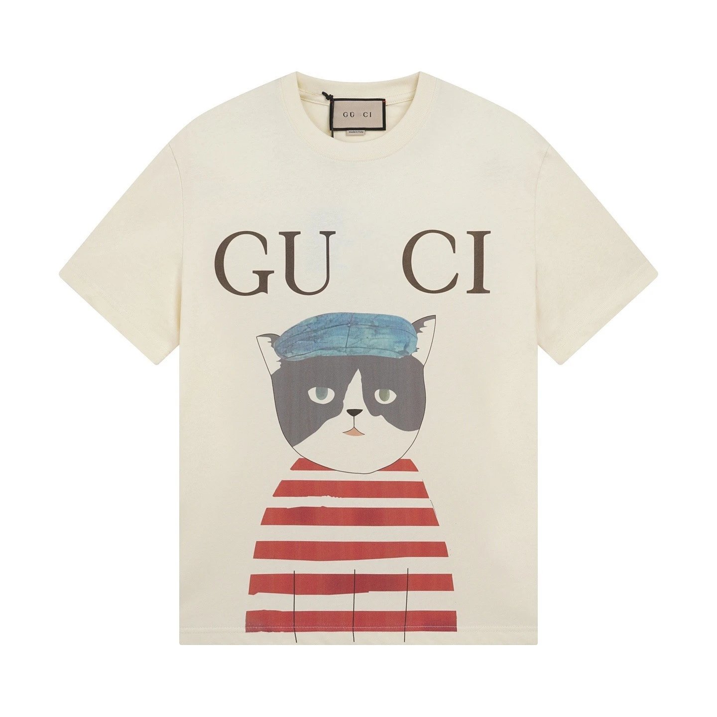New Gucci Cartoon Series Cat Print Minimalist Solid Color Short Sleeve T-shirt Top Unisex-3