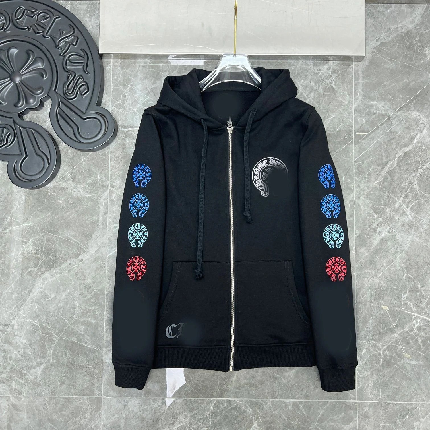 CH Colorful Spine Gradient Small Horseshoe Cross Zipper Hoodie Jacket Unisex Couple Trendy