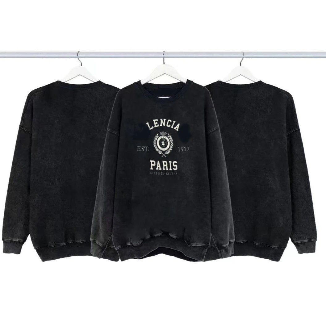 Balenciaga Crown Wheat Ear Wash Black Distressed Round Neck Hoodie Pullover Loose Casual Unisex Long Sleeve