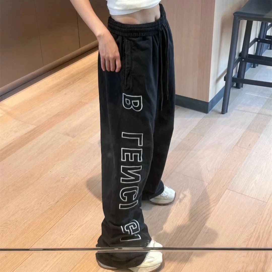 Balenciaga Side Letter Embroidery Washed Vintage Unisex Loose Straight Pants Casual Sweatpants