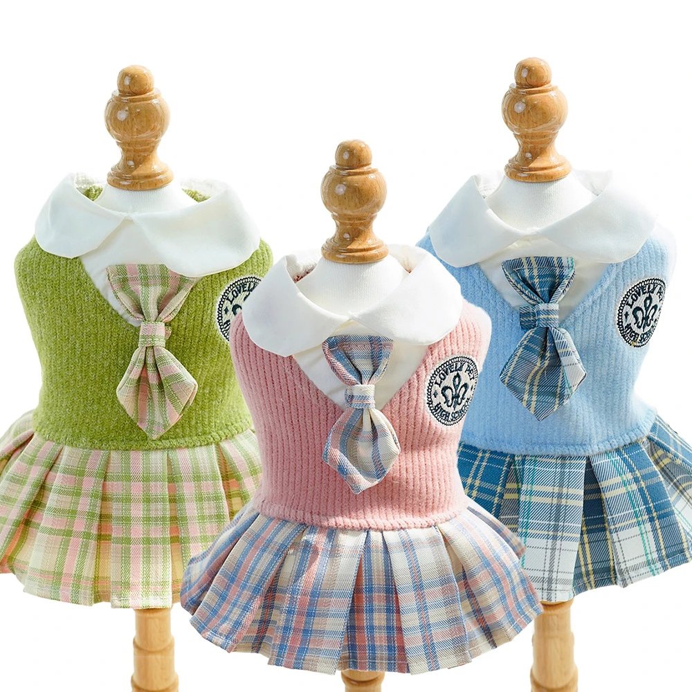 Pet Autumn Winter Dog Yarn JK Plaid Cat Dress Small Medium Dog Teddy Dog Cat Clothing Supplies