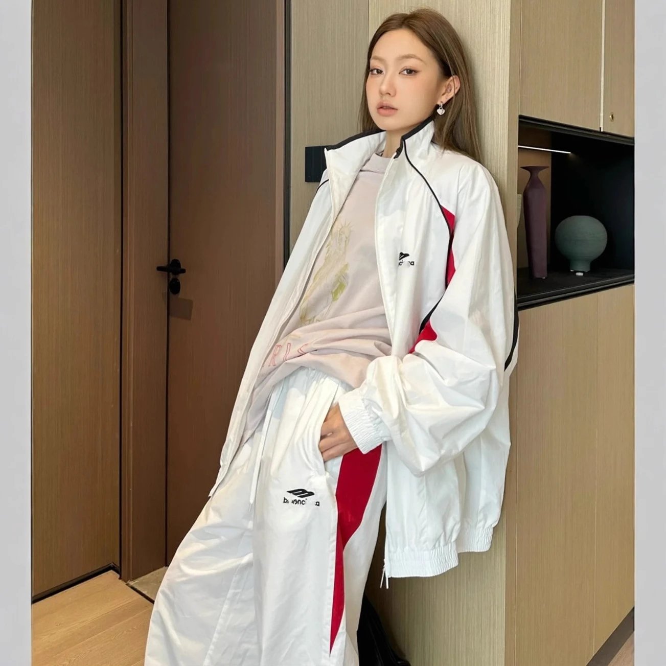 Balenciaga Runway White Red Spliced Sport School Windbreaker Coat Jacket Pants Suit