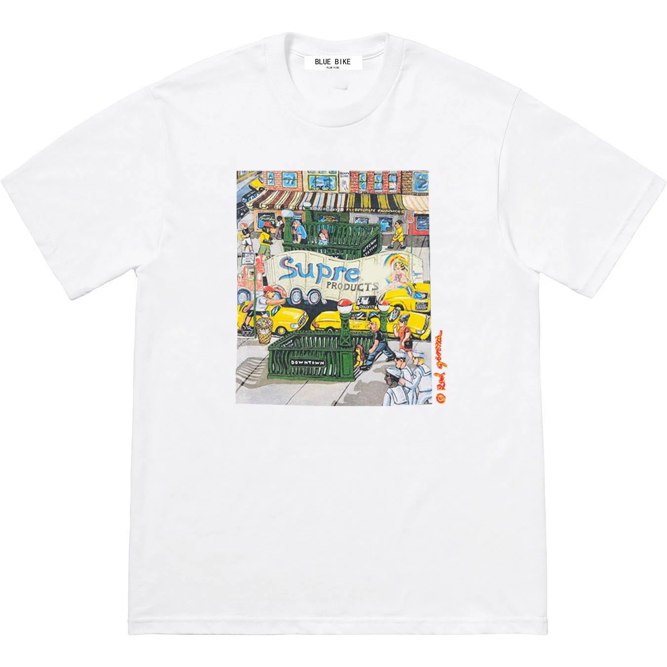Manhattan Tee Manhattan Cartoon Street Scene Back Large Logo Short Sleeve T-shirt Round Neck Unisex