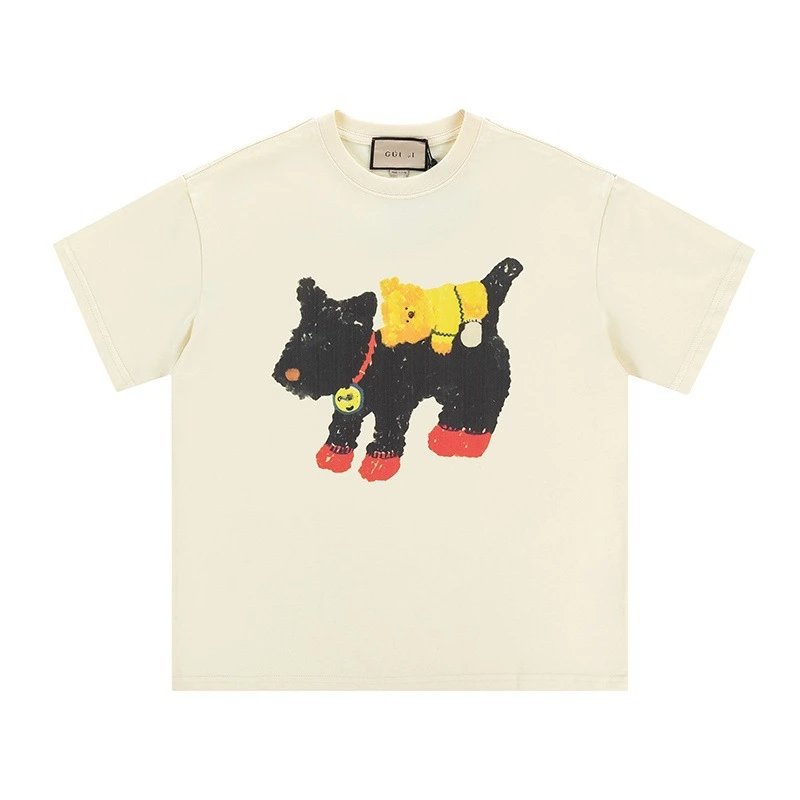 New Gucci Cartoon Series Puppy Print Minimalist Solid Color Short Sleeve T-shirt Top Unisex-12