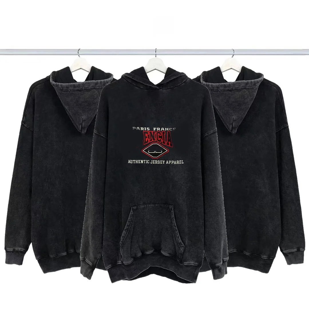 Balenciaga Red Slogan Embroidery Pullover Hoodie Distressed Wash Black Casual Unisex Couple Style