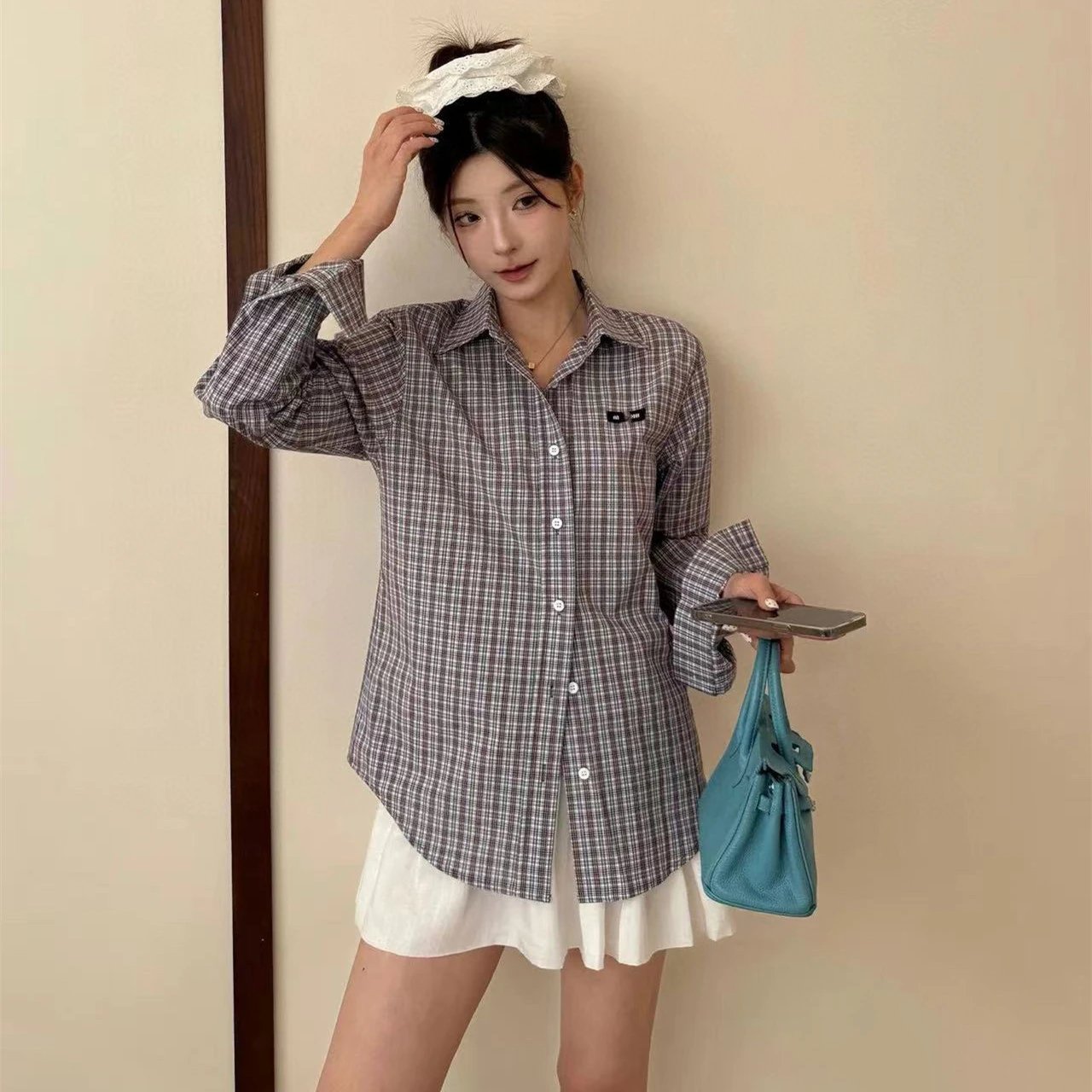 New style Miu Miu style plaid cotton long sleeve shirt men's and women's