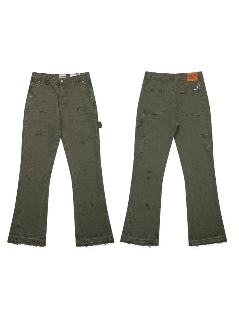 Gallery Dept Splatter Paint Washed Patch Flared Jeans Olive Green Cargo Pants