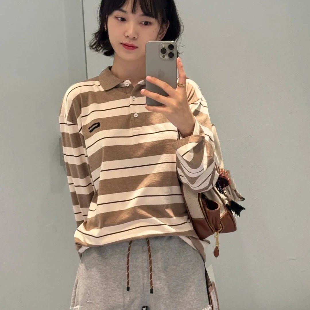 Early Spring New Miu Miu Viral New Logo Patch Lapel Long Sleeve T-shirt Unisex