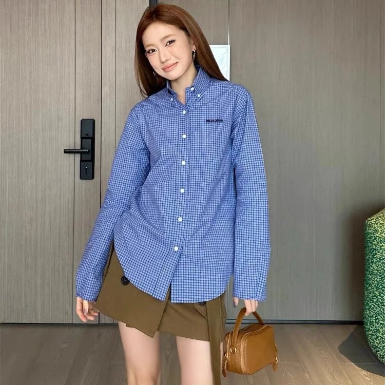 25 New Miu Miu Academy Letter Embroidery Plaid Shirt Blue Shirt