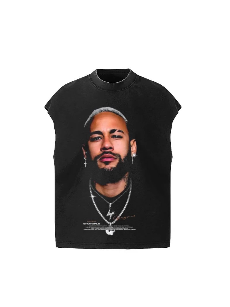 Football Superstar Neymar Portrait Print Retro Wash Distressed Sleeveless Tank Top Unisex