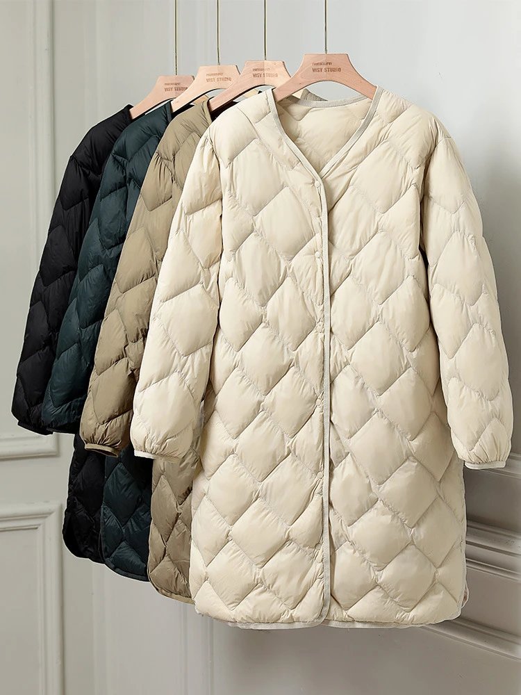 Lightweight Women's Down Jacket Medium Long Autumn Winter New Style V-Neck Long Outerwear Collarless Inner Layer