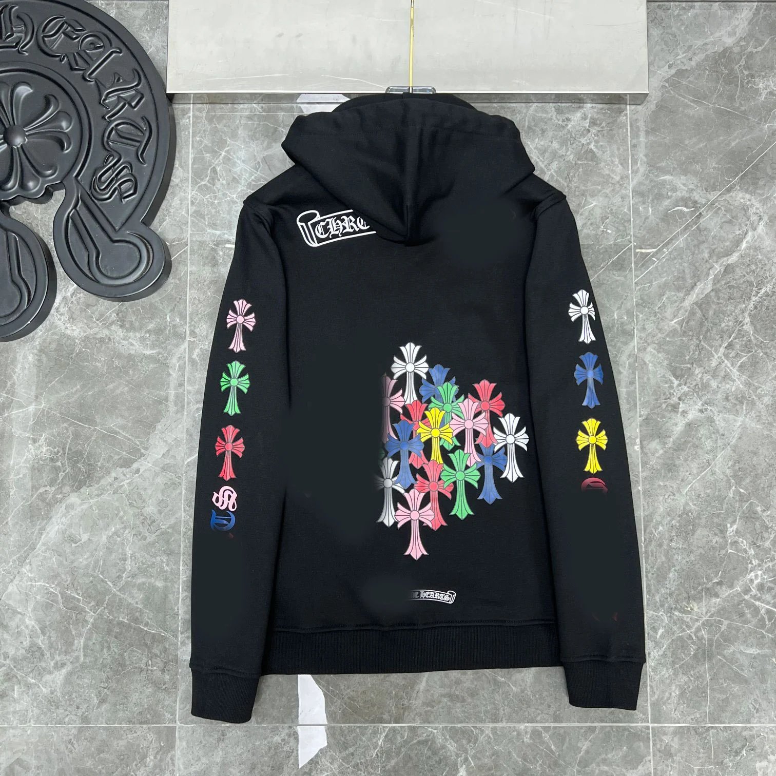 Chrome Hearts Classic Scroll Letter Colorful Cross Floral Arm Hoodie Pullover Loose Hooded Sweatshirt Unisex