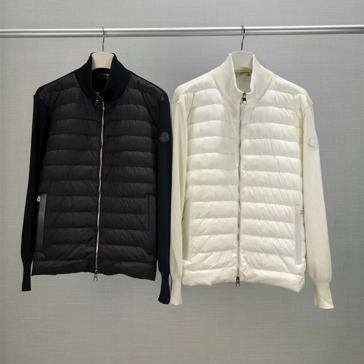 Moncler 25 Autumn Winter Classic Knit Panel Stripe Stand Collar White Down Jacket for Men and Women