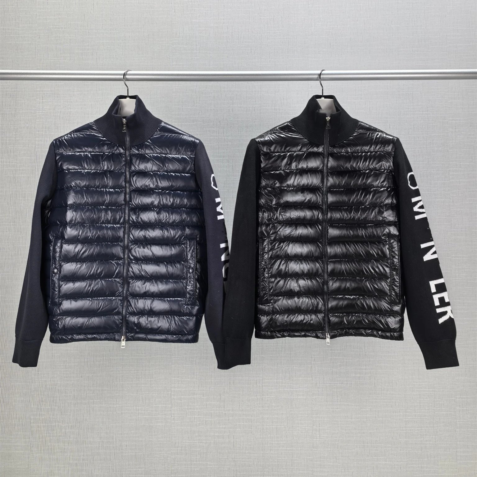 2025 Autumn Winter New Style Moncler Pilot Collar Knit Panel LOGO Color Woven Down Jacket for Men and Women