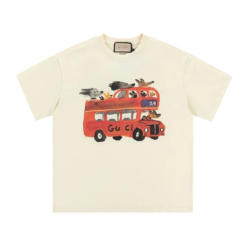 New Gucci Cartoon Series Bus Print Minimalist Solid Color Short Sleeve T-shirt Top Unisex