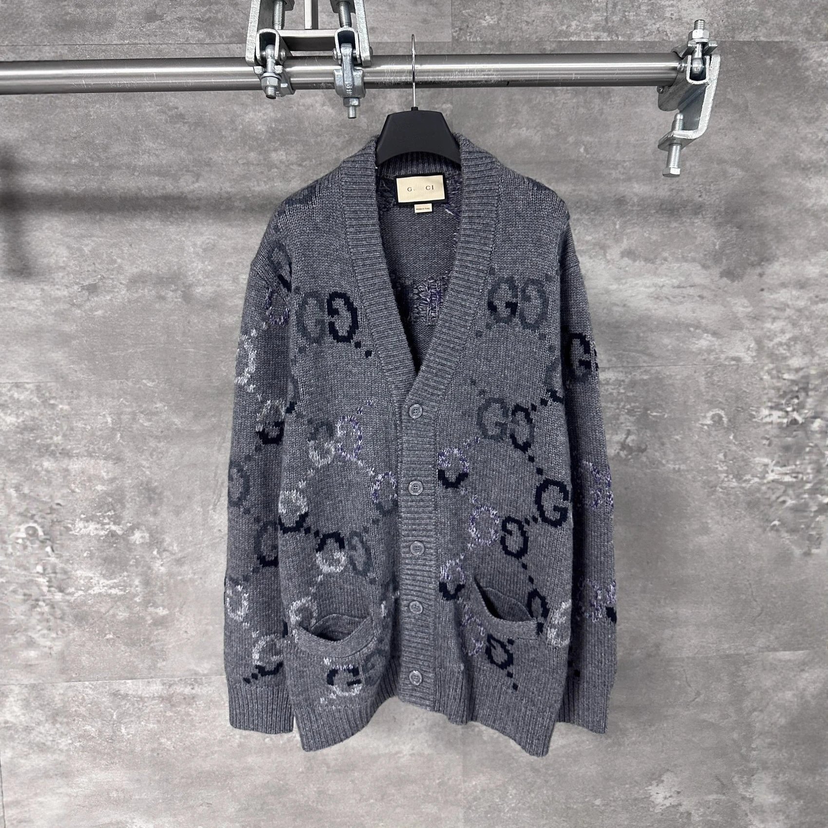 Gucci Gradient Color Woven Full Logo Wool Knit Cardigan Sweater