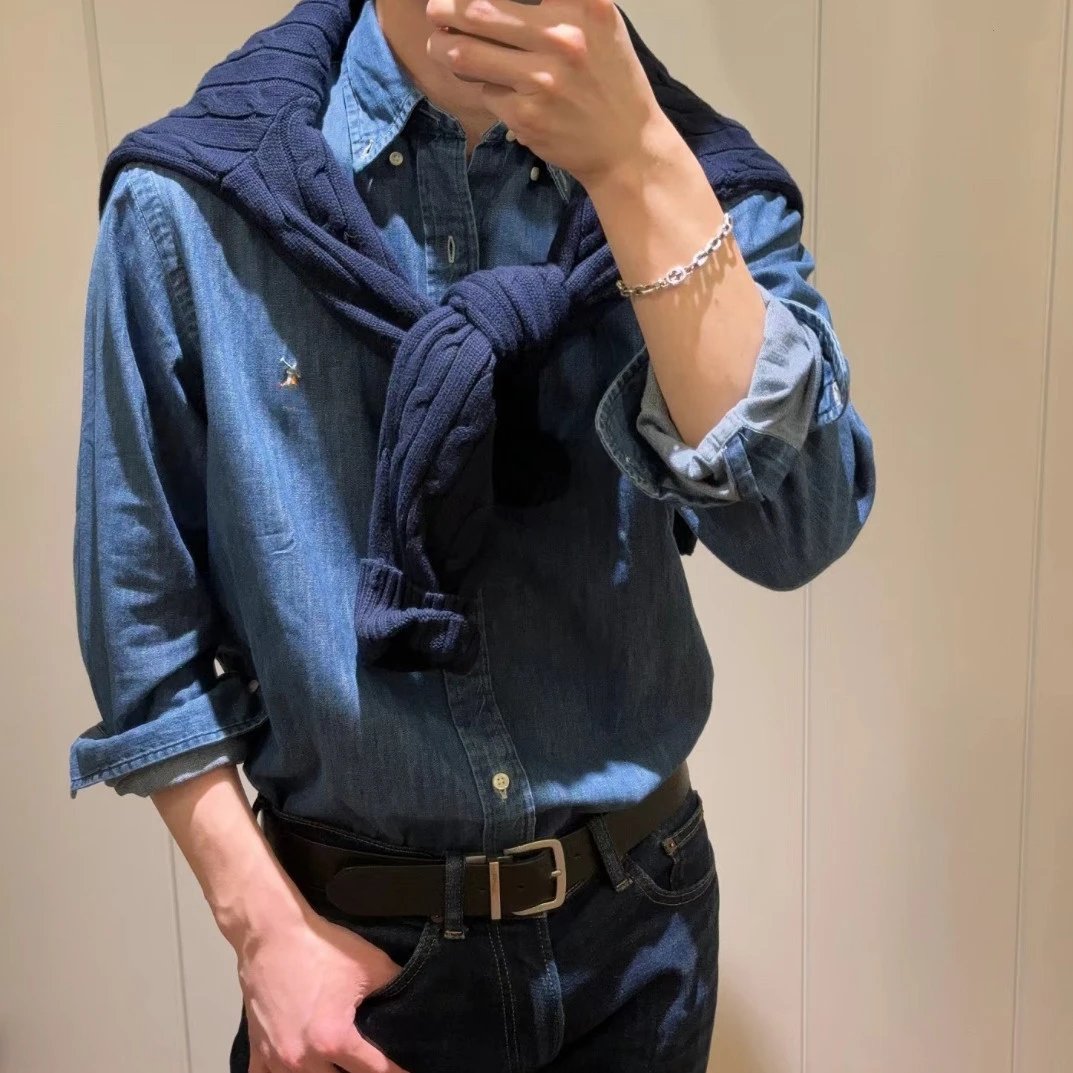 RL Pony Chest Classic Warhorse Embroidery Old Money Lapel Long Sleeve Denim Shirt Jacket