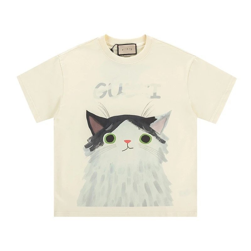 New Gucci Cartoon Series Cat Print Minimalist Solid Color Short Sleeve T-shirt Top Unisex