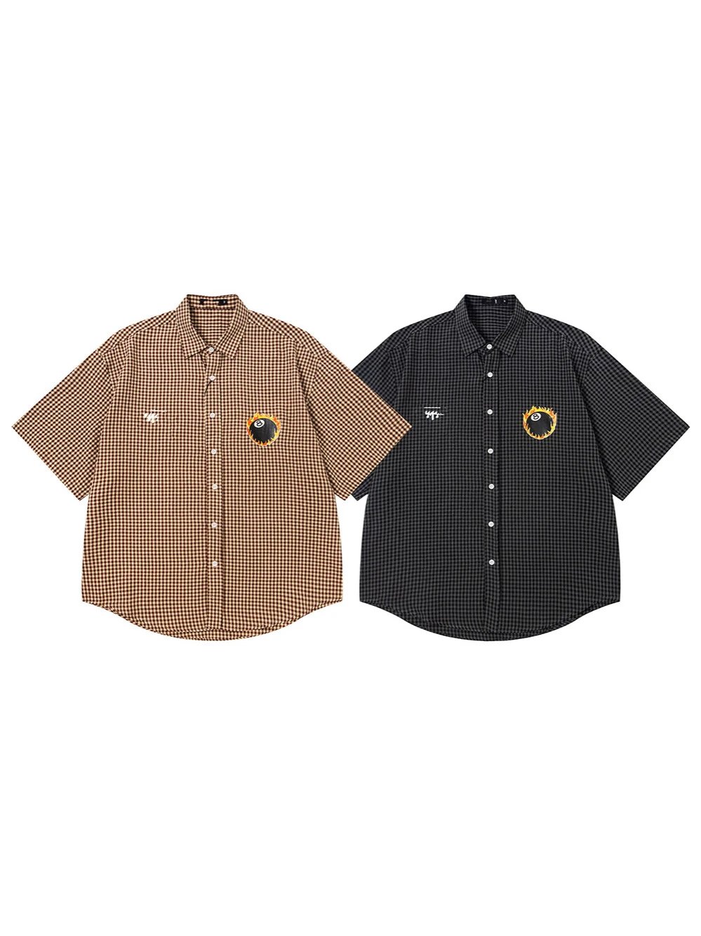 2025 Classic Flame Black Eight Print Lapel Short Sleeve Shirt Loose Casual Short Sleeve T-shirt Loose Casual