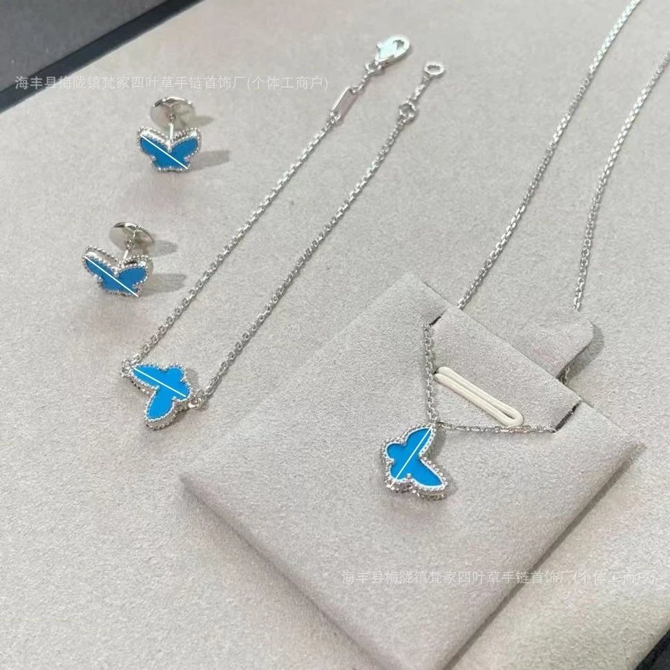 Van Gogh Four-Leaf Clover Butterfly Ear Studs, Blue Turquoise White Mother-of-Pearl Plated 18k Gold Ear Accessories, Instagram Style