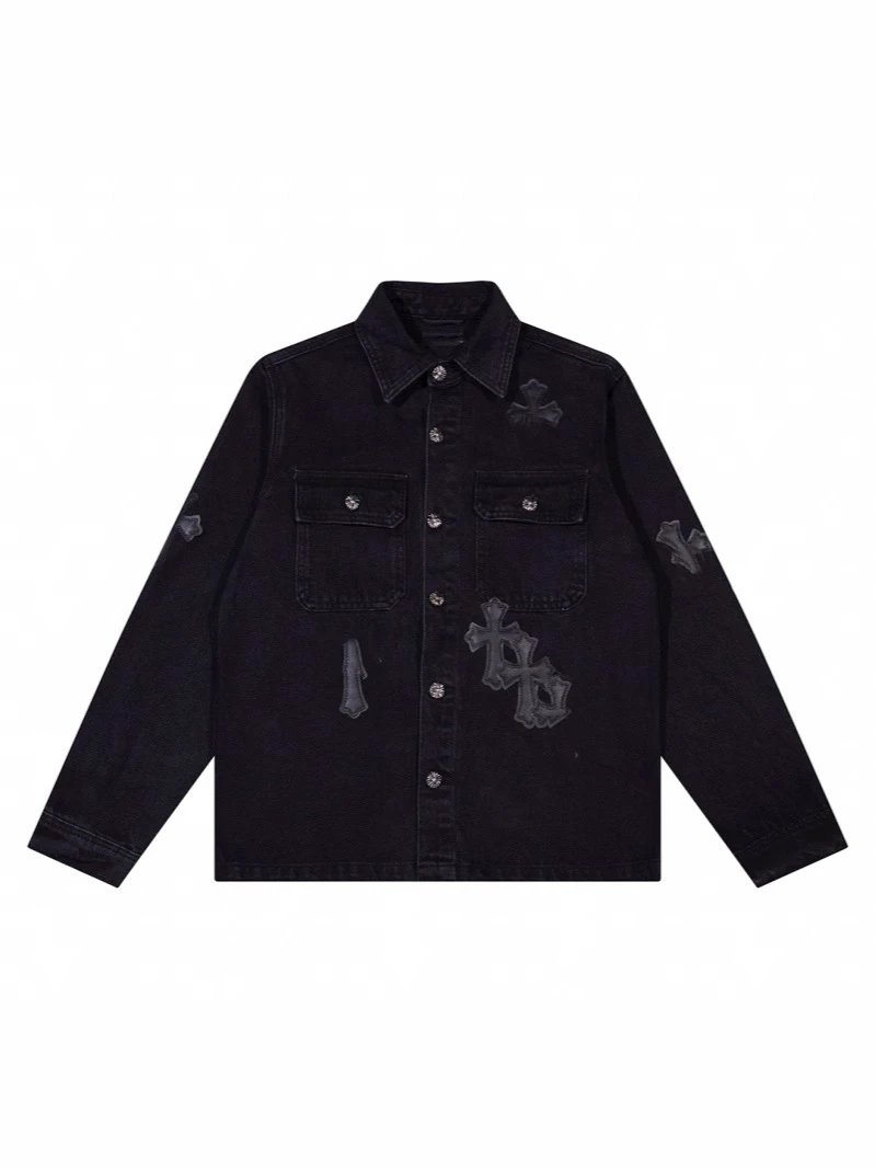 Street Trend CH Black White Leather Patch Cross Leather Patch Embroidery Shirt Denim Jacket Unisex Couple