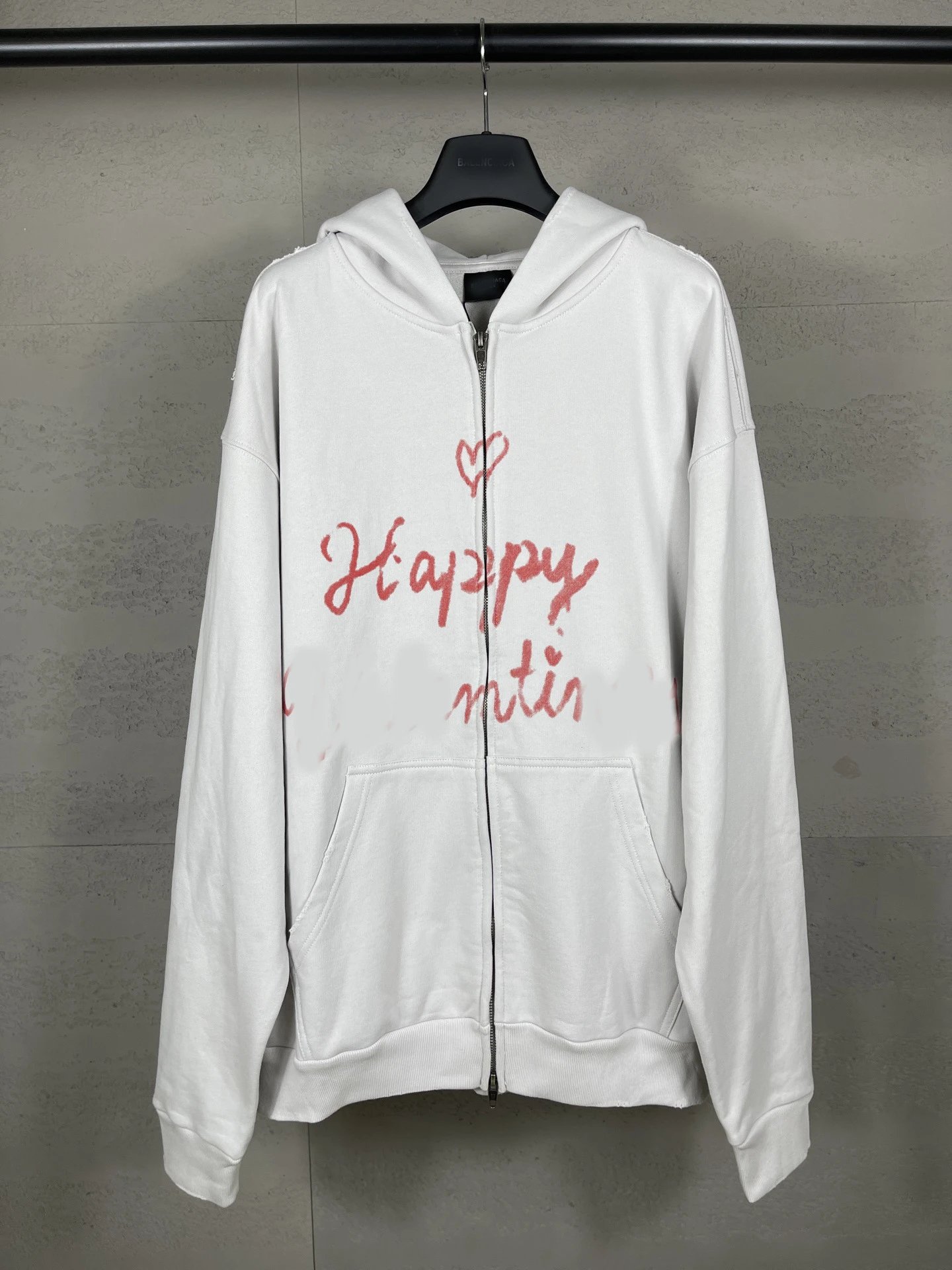 2025 Balenciaga Valentine's Day Front Back English Direct Print Wash Distressed Frayed Hoodie Loose