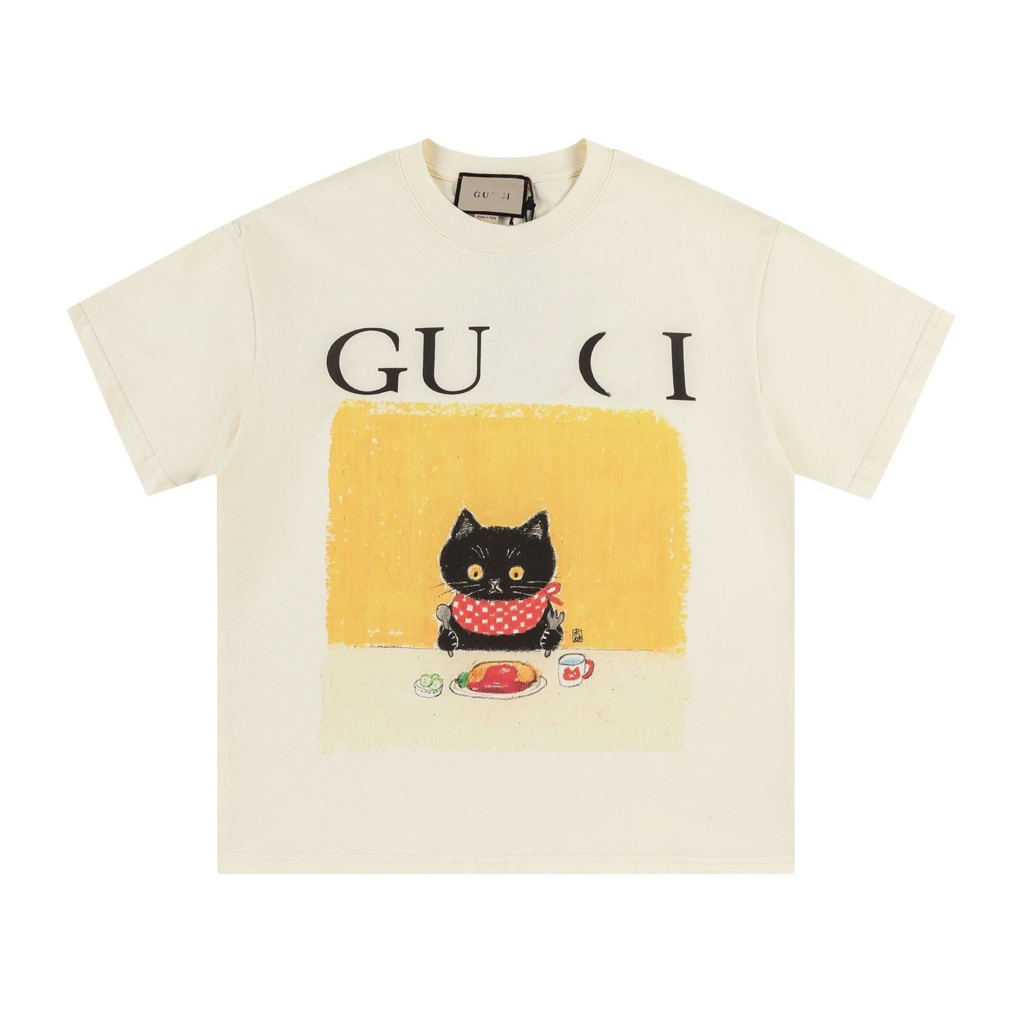New Gucci Cartoon Series Little Cat Print Minimalist Solid Color Short Sleeve T-shirt-18