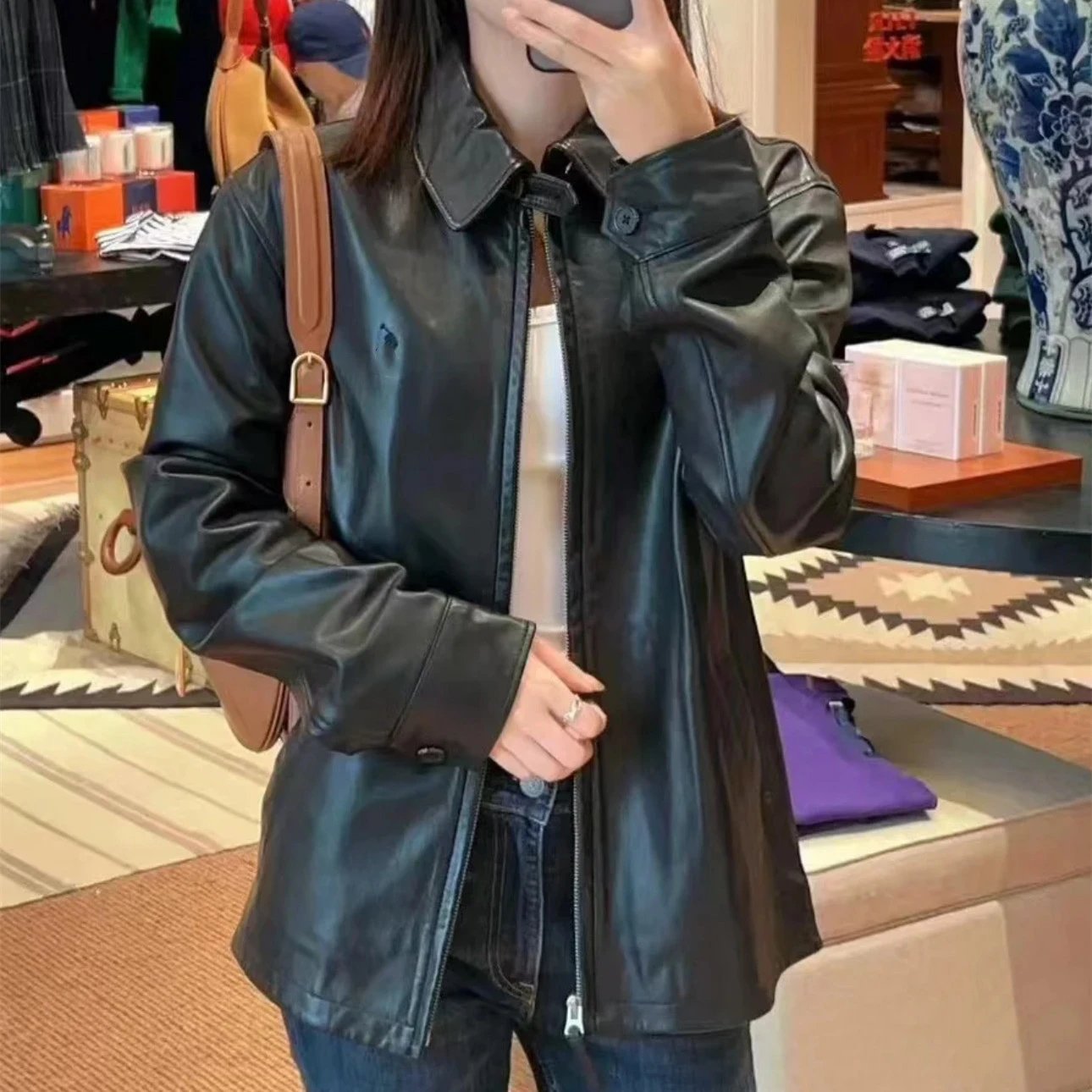 New RL Pony Classic Embroidery Zipper Lapel Long Sleeve Leather Jacket Unisex