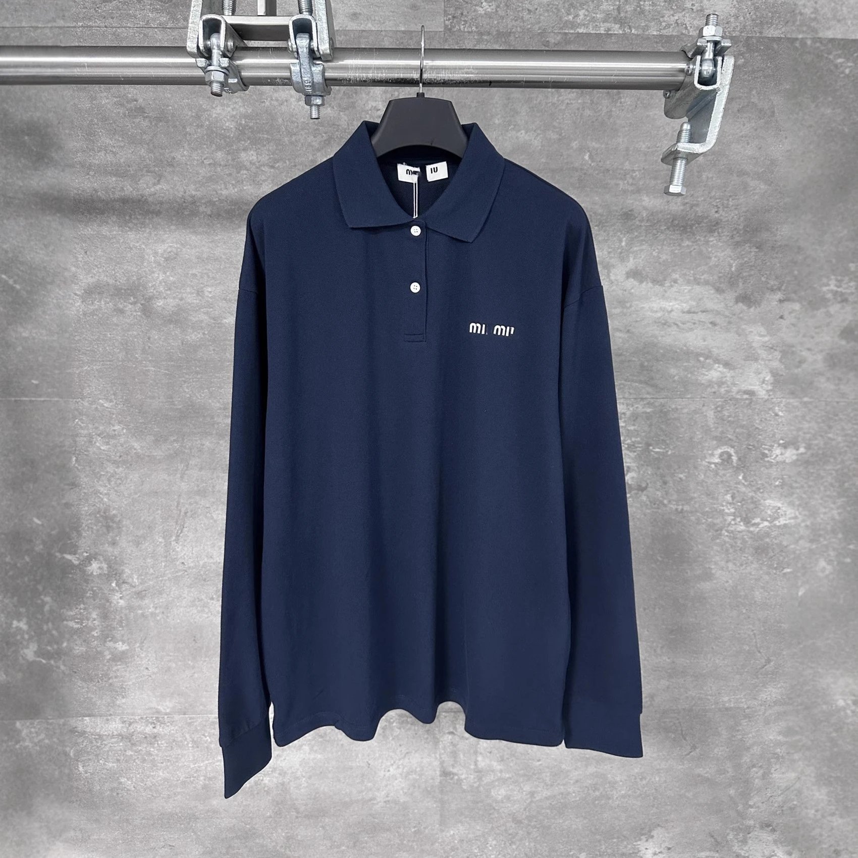 Miu Miu chest emblem collar pique cotton POLO shirt academy style long sleeve T-shirt